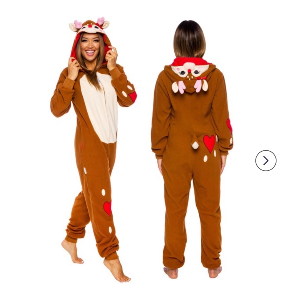 Women's Slim Fit Reindeer One Piece Plush Adult Holiday Costume Jumpsuit